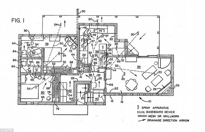 게이브가 특허를 받은 ‘자동청소 주택’ 발명 장치들. 번호 ‘20’이 쓰인 장치가 스프링클러다.