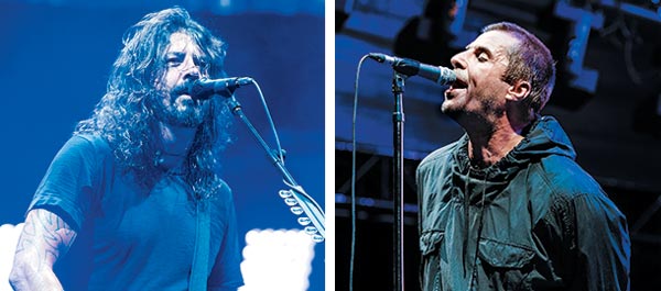 미국 록밴드‘푸파이터스’의 리더 데이브 그롤(왼쪽)과 영국 록밴드‘오아시스’의 보컬 리암 갤러거가 22일 서울 잠실종합운동장에서 열린 릴레이 공연에서 열창하고 있다. /라이브네이션