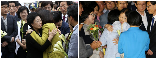 2015년 8월 24일 한명숙 전 총리의 수감 전 모습(왼쪽), 2017년 8월 23일 만기 출소 현장. /조선일보DB