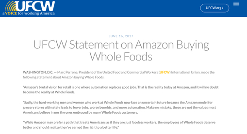 미국 식품산업 노동조합이 아마존의 홀푸드 인수에 대해 지난 6월 발표한 성명서/ UFCW홈페이지 캡처