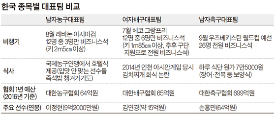 한국 종목별 대표팀 비교