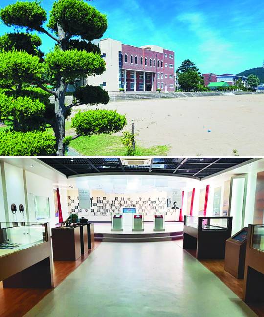 전남 목포고등학교 전경(위)과 학교 내에 있는 역사관 내부.