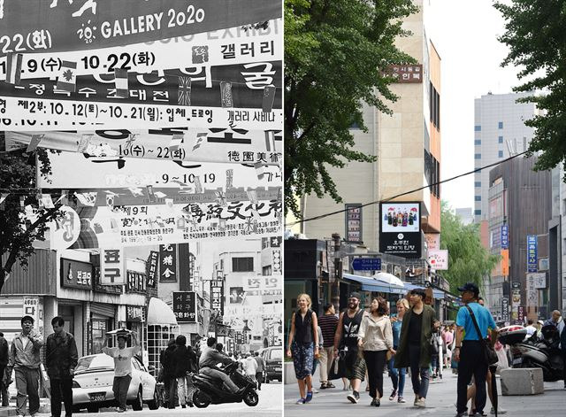 전시회 홍보 현수막이 빼곡하게 내걸린 1996년 인사동 풍경(왼쪽)과 현재. 당시 현수막을 내걸었던 화랑 대다수가 치솟는 임대료와 무관심을 견디지 못해 큰길에서 골목으로 이전하거나 아예 인사동을 떠났다.