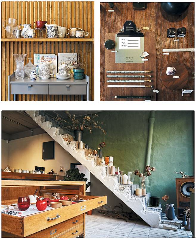 2‘콜롬비아마켓’의 다양한 저그. 뚜껑이 없는 티포트로 빈티지 그릇 중 저렴한 편이면서 식탁 포인트 아이템이 된다. 3‘녹색 문구 덕후’인 김재원 ‘WxDxH’ 대표가 스타일링한 책상. 4붉은색 제품을 한데 모아 가을 분위기를 연출한 ‘WxDxH’ 매장.