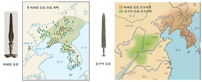 한·중 고대 청동검 모양 및 분포지역비교. (자료출처: 국립중앙박물관, 국사편찬위원회)