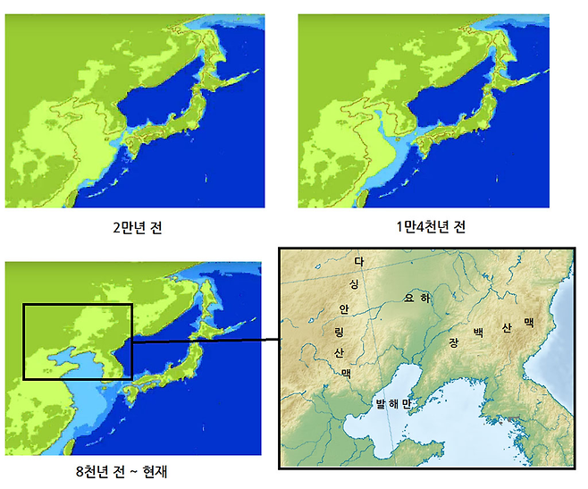 빙하기 이후 동아시아 지형 변화와 요하문명권의 지형. 처: Proudman Oceanographic Laboratories, ‘Southeast Asia Post Ice Age Inundation’ © 사진=이진아 제공