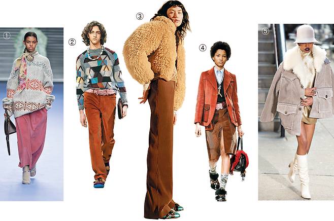 ①로맨틱하게 변신한 코듀로이. ‘멀버리’는 핑크색 코듀로이 롱치마에 니트와 스카프로 여성미를 살렸다. ②올가을 남성들은 딱 떨어지는 코듀로이 정장 대신 포근한 니트와 함께 캐주얼한 코듀로이 팬츠를 입어보면 어떨까? ‘프라다’는 ‘기본으로 돌아간 혁신가’란 주제로 남성복에서 다양한 코듀로이 패션을 선보였다. ③‘아크네 스튜디오’는 매끄러운 코듀로이 질감과 반대되는 양털 재킷을 매치해 현대적인 스타일을 연출했다. ④‘프라다’의 코듀로이 투피스 정장은 상·하의 색감을 달리해 클래식하면서도 파격적이다. ⑤‘마크 제이콥스’는 굵게 골이 팬 코듀로이 코트로 거친 힙합 느낌을 표현했다./ 각 브랜드