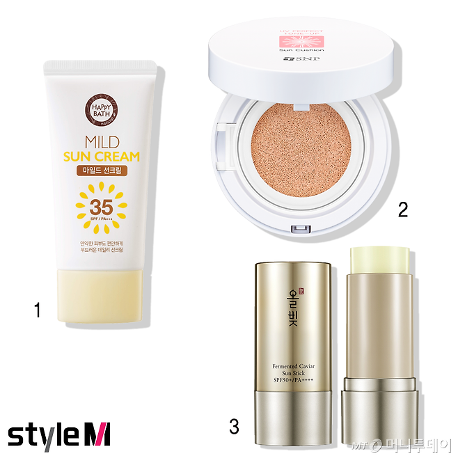 1. 해피바스 '마일드 선크림 SPF30 PA++' 2. SNP 'UV 퍼펙트 톤업 선 쿠션 SPF50+PA++++' 3. 올빚 '캐비어 발효 스틱' /그래픽=마아라 기자