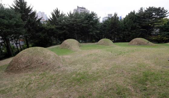 서울 노량진 사육신 공원의 사당 뒤편에는 있는 4개의 가묘.왼쪽부터 김문기, 박팽년, 유응부, 이개 의 묘다. 강정현 기자