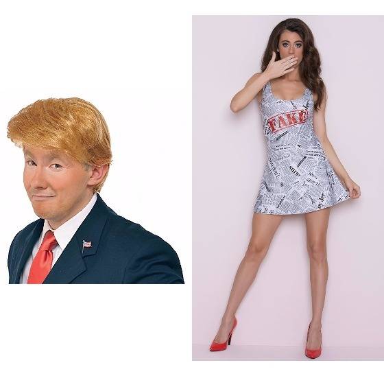 도널드 트럼프 대통령의 머리모양과 흡사한 가발을 쓴 모델 사진(왼쪽). 오른쪽은 가짜 뉴스 문구의 드레스를 입고 있는 여성 모델. [중앙포토]