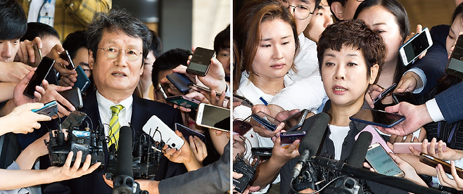배우 문성근씨(왼쪽)와 방송인 김미화씨가 9월18, 19일 블랙리스트 피해자 조사를 받기 위해 서울중앙지방검찰청으로 출석하며 취재진의 질문에 답하고 있다. © 시사저널 최준필