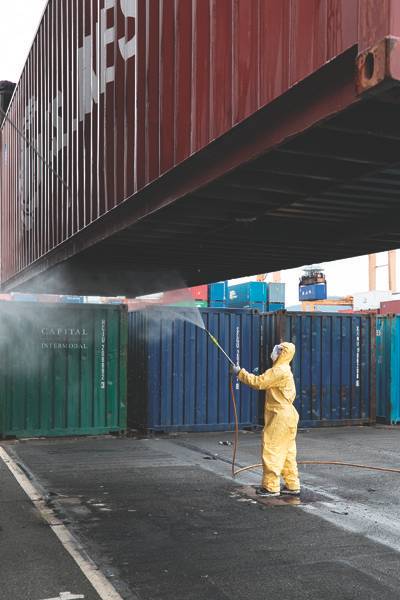 10월 9일 부산 남구 감만부두에서 붉은불개미의 확산을 막고자 방역 작업을 하고 있는 모습.[뉴스1]
