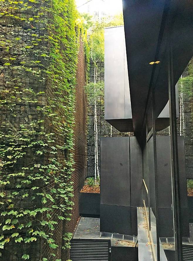 개비온과 산화철 상자의 대비가 만들어낸 계곡.