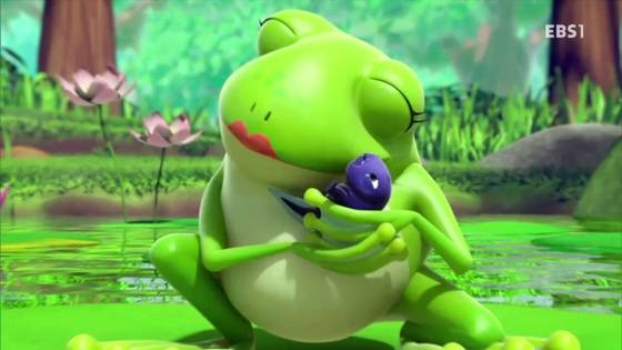 EBS TV만화 '엄마 까투리'에서 엄마 개구리가 새끼를 돌보는 장면.