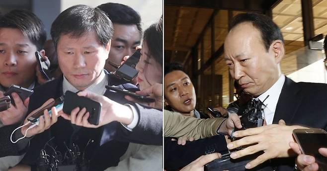 박근혜 전 대통령의 '문고리3인방' 중 2명인 안봉근(왼쪽)·이재만(오른쪽) 전 비서관이 긴급체포돼 31일 오전 서울 서초동 서울중앙지검으로 소환되고 있다. 신소영 기자 viator@hani.co.kr