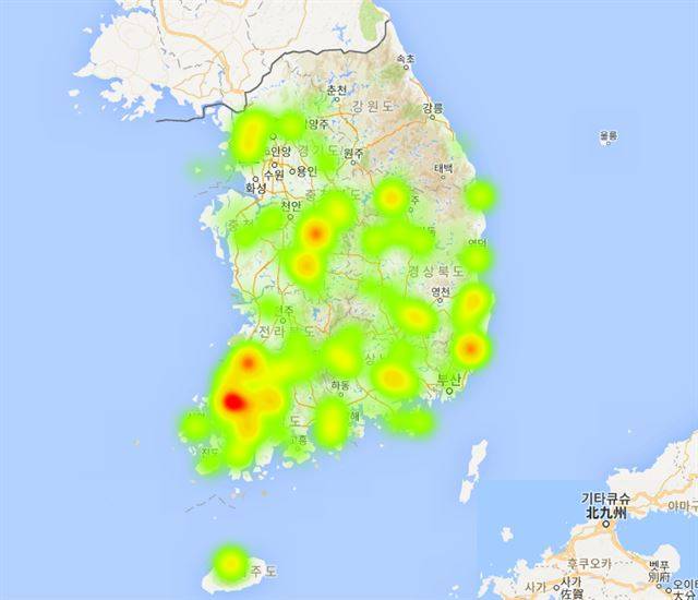 진실화해위를 통해 규명된 한국전쟁 당시 민간인 학살자 1만 4,349명의 희생지역을 지도에 표시했다. 희생자 수가 많은 지역일수록 붉게 보인다. 자료제공 신기철 금정굴평화재단 인권평화연구소장.
