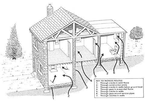 라돈이 실내로 침투하는 경로를 나타내는 그림.