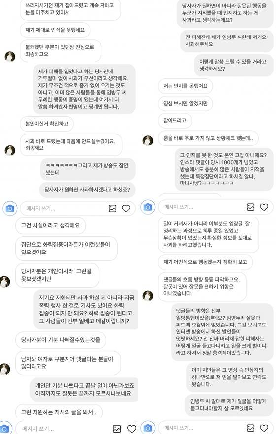 자신을 '홍대 머리채 버스킹'의 피해자라고 주장한 네티즌이 임병두씨와 나눴다며 올린 캡처 사진 중 일부. [사진 온라인 커뮤니티]