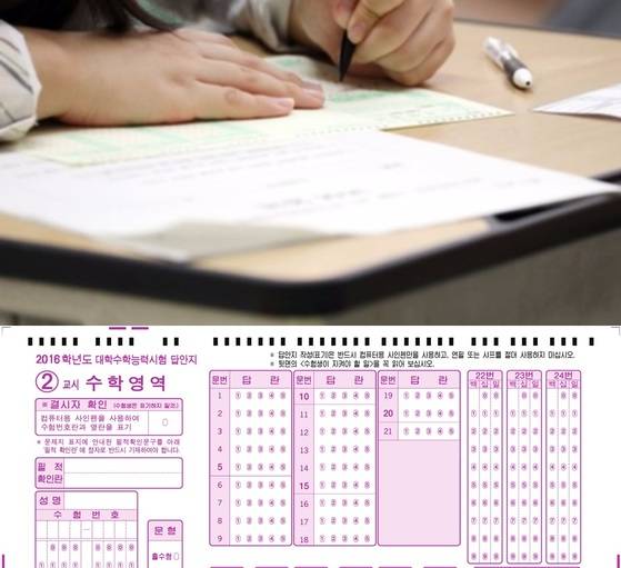 대학수학능력시험을 치르는 수험생들은 매 시간 영역별 문제지 표지에 기재된 '필적확인 문구'를 답안지에 적어넣은 뒤에 문제 풀이를 시작한다. ［중앙포토］