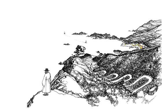 1801년 11월 함께 유배길에 오른 정약전·약용 형제는 전남 나주에서 이별한다. 형은 흑산도로, 동생은 강진으로 갔다. 약전은 다시 뭍으로 나가지 못했다. 그림은 흑산항에서 열두 굽이를 돌아 오른 상라산에서 내려다본 풍경이다. 바닷가 마을이 홍어로 유명한 흑산항이 있는 흑산면 예리이다. [그림=안충기 중앙일보 기자-화가]