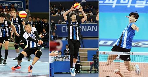 왼쪽부터 서브 리시브를 하는 여오현, 공을 세트(토스)하는 노재욱, 스파이크를 준비 중인 송준호(이상 현대캐피탈). 현대캐피탈 제공