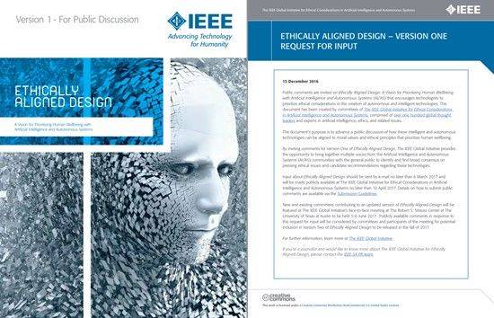 미국 전기전자기술자협회(IEEE)가 발간한 '윤리적으로 조정된 디자인-인공지능 및 자동화시스템을 다루는 인간복리 우선순위를 위한 비전' 표지.