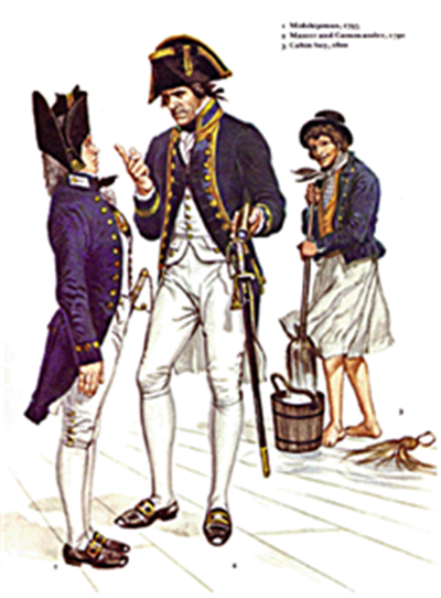 18세기 대영제국 해군 복장. 맨 우측이 슬롭을 입은 일반 선원 /출처=위키피디아