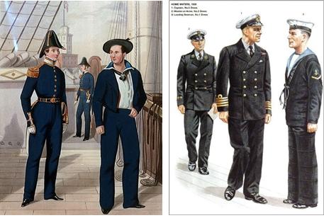 1800년대 후반의 영국 병사(좌), 1939년의 해군 병사(우)가 입은 넘버-원. 장교와 달리 블루-진 컬러와 벨-바텀을 착용한 것을 알 수 있다. 출처=위키피디아