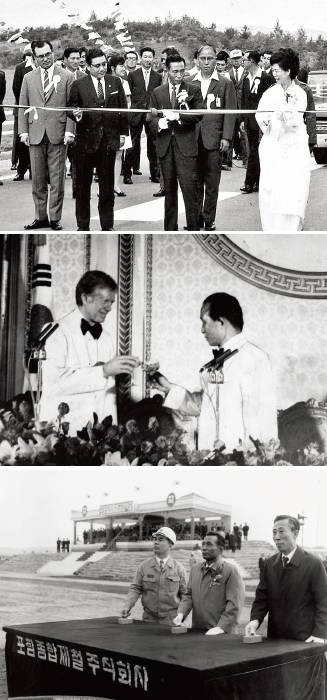 1970년 7월 7일 경부고속도로 개통식에서 기념 테이프를 끊고 있는 박정희 전 대통령. 1979년 6월 30일 한국에서 만난 당시 박정희 대통령과 지미 카터 미국 대통령. 1970년 포항제철 착공식(왼쪽부터).[동아DB]