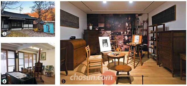 3 파란색 문이 돋보이는 원서동 고희동 가옥 / 4 고희동 가옥에 재현된 고희동의 화실 / 5 환기미술관 강의동인 ‘수향산방’에 재현된 김환기의 뉴욕 스튜디오.