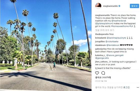 마클이 고향이라며 인스타에 올린 미국 LA 도로. [메건 마클 인스타그램]