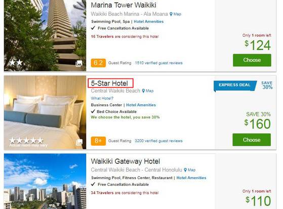 정확한 호텔 이름을 공개하지 않은 채 진행되는 '익스프레스 딜'. 5성급 호텔로만 표시돼 있다.