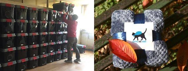 지난 11월 24일, 둔촌동 활동가들과 성내동 등 타 지역 주민들이 길고양이들의 겨울나기 쉼터를 만들었다(왼쪽). 둔촌동 길고양이의 이주를 돕는 스토리펀딩 ‘이사가는 둔촌냥이’에서 수익 후원을 위한 담요를 판매하고 있다(오른쪽). ‘둔촌냥이’ 페이스북, 스토리펀딩 ‘이사가는 둔촌냥이’ 홈페이지