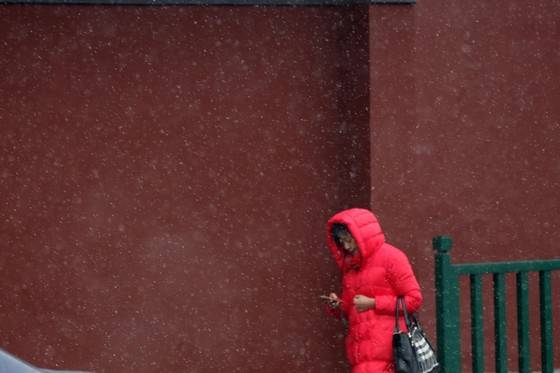 베이징의 추위. 한 여인이 자금성 담장 곁을 지나고 있다.