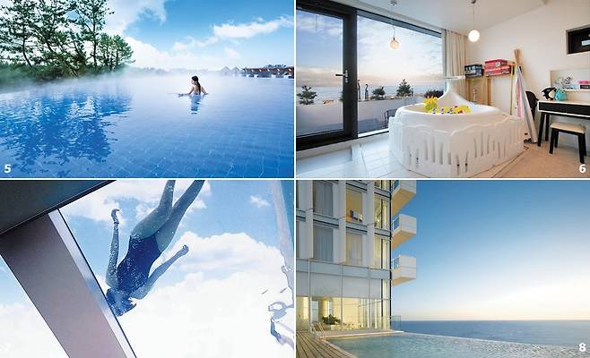 5 제주도 서귀포시 ‘히든클리프호텔&네이처’에선 한겨울에도 푸른 원시림 한가운데서 수영을 즐길 수 있다. 6 강원도 고성군 ‘듀플렉스’의 키즈룸은 각종 유아용품과 함께 바다를 바라보며 즐길 수 있는 월풀을 갖췄다. 7 경기도 양평군 ‘풀빌라더시크릿 양평’은 하늘 위에서 수영하는 듯한 사진을 찍을 수 있어 이색적이다. 8 동해 일출을 감상할 수 있는 ‘씨마크호텔’의 수영장./각 업체