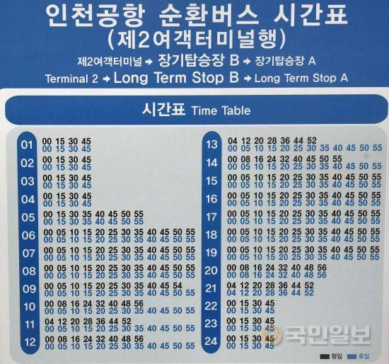 장기주차장 셔틀버스 시간표. 승객이 붐비는 시간은 5분에 1대씩 배차되어 있어 큰 불편함은 없어 보인다. 하지만 공항까지 대략 5분 정도 걸리므로 시간이 임박한 탑승객은 공항과 직접 연결된 단기 주차장을 이용해야 한다.