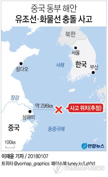 유조선과 화물선 충돌사고 위치［연합뉴스 그래픽］