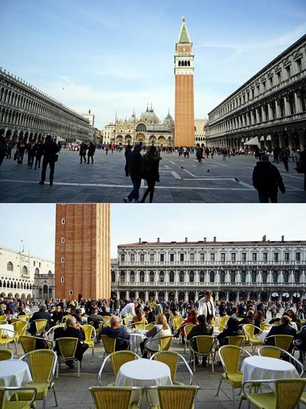 산 마르코 광장(위)과 이탈리아에서 가장 오래된 플로리안 카페. ⓒMK스타일