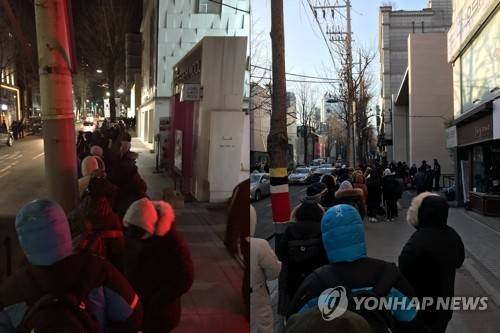 한파쯤이야…애플스토어 앞에 늘어선 줄 (서울=연합뉴스) 27일 오전 서울 강남구 신사동 가로수길 애플스토어 앞에 긴 줄이 늘어서 있다. 왼쪽은 오전 5시께 찍은 사진이고, 오른쪽은 오전 9시께 모습이다.