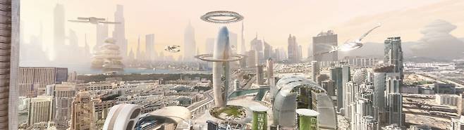 세계 주요 도시들의 미래를 상상하는 작업을 벌이고 있는 카스퍼스키랩(Kaspersky Lab) 웹사이트에 올라와 있는 2050년 두바이 상상도. 카스퍼스키랩 화면 갈무리