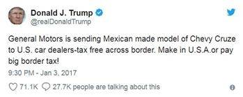 ▲ 지난해 1월 미국 오하이오주 로즈타운의 자동차 판매대리점 유리창에 붙은 광고. 멕시코 라모스아리즈페(RAMOS ARIZPE) 공장에서 생산해 수입한 크루즈도 판매한다는 내용이다.