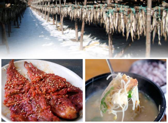 강원 인제군 용대리의 황태 덕장과 통통한 살집의 황태구이, 뽀얀 국물의 황탯국(왼쪽부터).