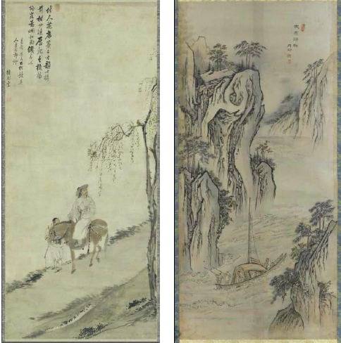 보물 제1970호 김홍도 필 마상청앵도(왼쪽)와 보물 제1971호 고사인물도(제3폭 무이귀도). 문화재청 제공
