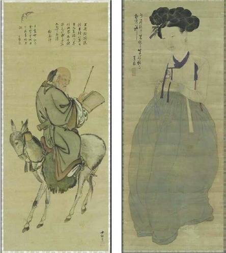 보물 제1972호 김홍도 필 과로도기도(왼쪽)와 보물 제1973호 신윤복 필 미인도. (문화재청 제공)