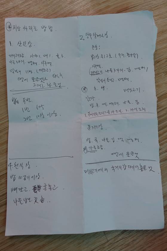 박기태 유사가 당제 상차림 때 빠트리지 않으려고 필요한 내용을 기억을 더듬어 정리한 메모지. 그는 이번에 유사를 세 번째 맡았다. 당제 절차를 정리한 별도 기록은 없다고 했다.