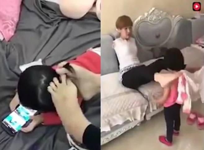 양 팔 없이 딸아이의 머리를 묶고 옷을 입히는 여성(유튜브 영상 캡처) 양 팔 없이 딸아이의 머리를 묶고 옷을 입히는 여성(유튜브 영상 캡처)