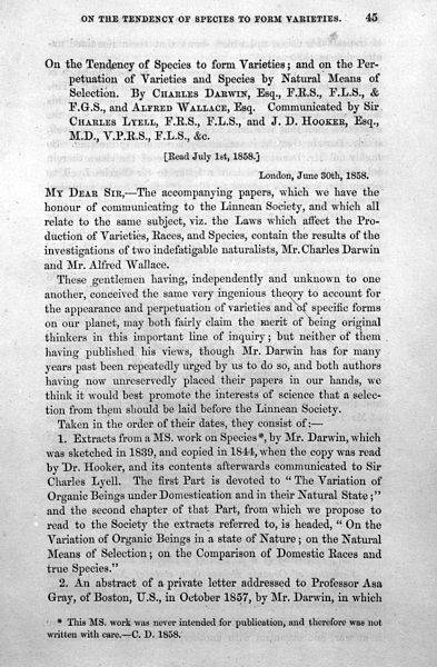 다윈와 월리스의 논문을 낭독한 1858년 7월 1일, 린네 학회의 첫 페이지. 다윈의 이름이 월리스의 이름 바로 앞에 적혀 있다. -wikimeda(cc) 제공