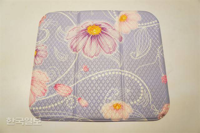 방수가 되는 목욕 의자 방석. 플라스틱 의자 위에 두기도 하고, 사우나에 들어갈 때 들고 가기도 한다. 이혜미 기자