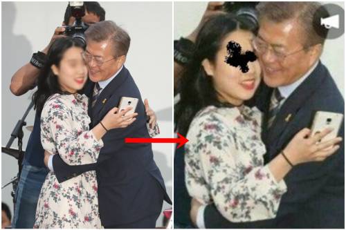 원본 사진(왼쪽)과 모바일 메신저로 전송된 사진(오른쪽)의 비교 모습. 모바일 메신저로 전송된 사진에는 카매라맨과 문재인 대통령의 등을 포옹하고 있는 여고생의 손이 보이지 않도록 잘려 있다. 이 사진은 지난해 5월6일 서울 마포구 홍대입구역 인근에서 열린 '투표 참여 릴레이 버스킹 vote0509'에서 사전 투표율 25% 달성을 축하하는 문 대통령의 프리허그 이벤트에서 촬영됐다. 연합뉴스