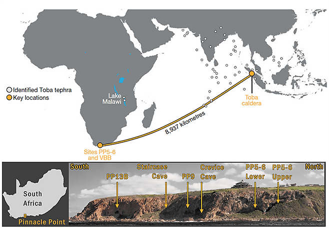 토바화산의 분출물로 기존의 확인된 것(하얀원)과 새로 확인된 지역(노란원)이다. 특히 새로 확인된 지역이 토바화산에서 약9000km 떨어진 것이 확인돼 강력한 폭발을 입증한다고 설명하고 있다.-University of Nevada